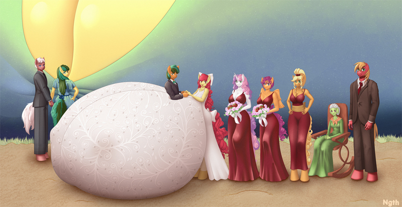 Size: 1280x661 | Tagged: questionable, alternate version, artist:ngth, derpibooru import, apple bloom, applejack, big macintosh, granny smith, scootaloo, sweetie belle, oc, oc:coral leaf, anthro, earth pony, pegasus, unguligrade anthro, unicorn, anthro oc, best mare, big breasts, bouquet, bouquet of flowers, breast squish, breasts, bride, bridesmaid dress, bridesmaids, busty apple bloom, busty applejack, busty scootaloo, busty sweetie belle, canon x oc, chestnut solace, clothes, commission, coralbloom, cutie mark crusaders, dress, earth pony oc, female, flower, food, gentle bounty, granny smith's shawl, groom, happy, huge breasts, hyper, hyper breasts, image, impossibly large breasts, jpeg, male, marriage, married, married couple, mature, older, older apple bloom, older scootaloo, older sweetie belle, open mouth, open smile, orchard, parents:canon x oc, rocking chair, shipping, smiling, straight, stupid sexy apple bloom, stupid sexy applejack, stupid sexy scootaloo, stupid sexy sweetie belle, suit, tuxedo, wall of tags, wedding, wedding dress, wedding photo