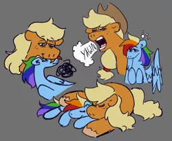 Size: 1280x1049 | Tagged: safe, artist:tezzbot, derpibooru import, applejack, rainbow dash, earth pony, pegasus, pony, appledash, cuddling, female, gray background, image, lesbian, mare, neck nuzzle, png, shipping, simple background, size difference, sleeping, yawn