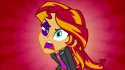 Size: 1280x718 | Tagged: semi-grimdark, derpibooru import, edit, edited screencap, screencap, sunset shimmer, equestria girls, equestria girls (movie), abstract background, abuse, abuse edit, angry, black eye, bruised, female, image, open mouth, png, shimmerbuse, solo, solo female