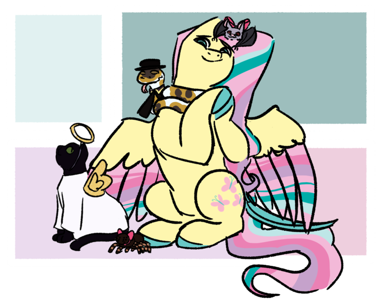 Size: 1345x1069 | Tagged: safe, artist:lieutenantcactus, derpibooru import, fluttershy, bat, cat, pegasus, pony, snake, spider, angel costume, bow, clothes, colored hooves, costume, female, hair bow, hat, image, mare, necktie, png, solo