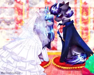 Size: 4000x3179 | Tagged: safe, artist:krissstudios, derpibooru import, oc, unofficial characters only, pony, clothes, dress, female, horns, image, male, mare, png, stallion, suit, wedding dress