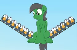 Size: 1280x830 | Tagged: safe, artist:subjectnumber2394, derpibooru import, oc, oc:spaceking, unofficial characters only, bird, pegasus, pony, behaving like a bird, chest fluff, cute, frown, gradient background, gray mane, gray tail, green eyes, image, looking down, male, ocbetes, pegasus oc, pikmin (series), png, power line, sitting, smiling, stallion, tail, underhoof, wide eyes, wings, worried