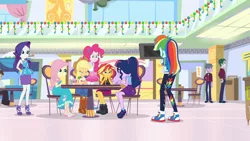 Size: 3410x1920 | Tagged: safe, derpibooru import, screencap, applejack, fluttershy, pinkie pie, rainbow dash, rarity, sci-twi, sunset shimmer, twilight sparkle, equestria girls, equestria girls series, holidays unwrapped, spoiler:eqg series (season 2), applejack's hat, boots, bowtie, bracelet, clothes, cowboy hat, cutie mark, cutie mark on clothes, dashing through the mall, denim skirt, eyes closed, female, geode of empathy, geode of fauna, geode of shielding, geode of sugar bombs, glasses, hat, high heels, high res, hoodie, humane five, humane seven, humane six, image, jacket, jewelry, jpeg, leather, leather boots, leather jacket, magical geodes, male, milkshake, necklace, ponytail, rarity peplum dress, sandals, shoes, skirt, smiling, sneakers, tanktop