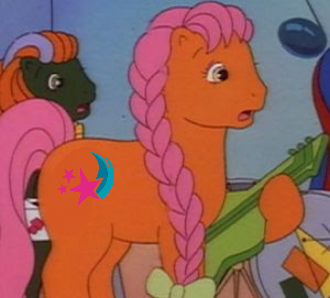 Size: 720x650 | Tagged: safe, derpibooru import, edit, edited screencap, screencap, half note (g1), sunny starscout, earth pony, pony, my little pony tales, 80s, battle of the bands, battle of the bands (episode), bow, braid, female, g1, g5, guitar, hair bow, image, mare, musical instrument, orange coat, pink hair, png, pretty beat, rockin' beats, similarities