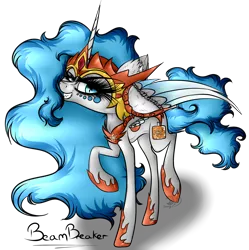 Size: 2817x2826 | Tagged: safe, artist:beamybutt, derpibooru import, daybreaker, oc, oc:moonbeam, unofficial characters only, alicorn, pony, alicorn oc, clothes, cosplay, costume, ear fluff, eyelashes, female, grin, hoof shoes, horn, image, mare, peytral, png, simple background, smiling, solo, transparent background, wings