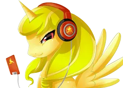 Size: 2510x1799 | Tagged: safe, artist:de-juanchi, derpibooru import, oc, oc:solar swirl, unofficial characters only, alicorn, pony, alicorn oc, bust, female, headphones, horn, image, ipod, magic, mare, png, simple background, smiling, solo, telekinesis, transparent background, wings