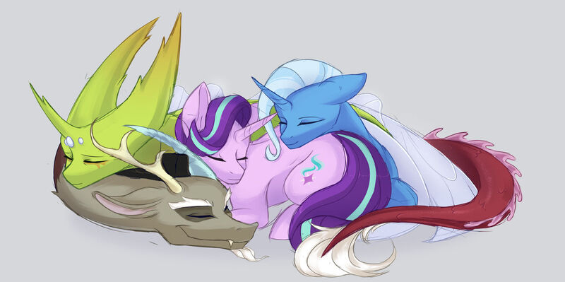 Size: 1280x639 | Tagged: safe, artist:riveraux, derpibooru import, discord, starlight glimmer, thorax, trixie, cuddle puddle, cuddling, image, jpeg, pony pile, reformed four