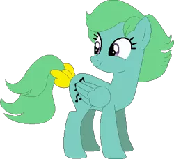 Size: 416x379 | Tagged: safe, artist:selenaede, artist:victorfazbear, derpibooru import, medley, pegasus, pony, base used, bow, female, folded wings, g1, g1 to g4, g4, generation leap, green mane, green tail, image, looking back, mare, png, purple eyes, simple background, smiling, standing, tail, tail bow, transparent background, wings