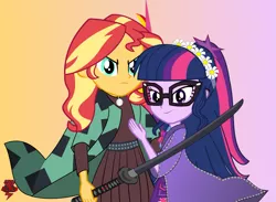 Size: 1747x1280 | Tagged: safe, artist:jcpreactyt, derpibooru import, sci-twi, sunset shimmer, twilight sparkle, equestria girls, belt, clothes, cosplay, costume, demon slayer, female, flower, glasses, hair, history of incel virgin, hug, image, lesbian, png, protecting, scitwishimmer, shipping, shirt, skirt, sunsetsparkle, sword, weapon