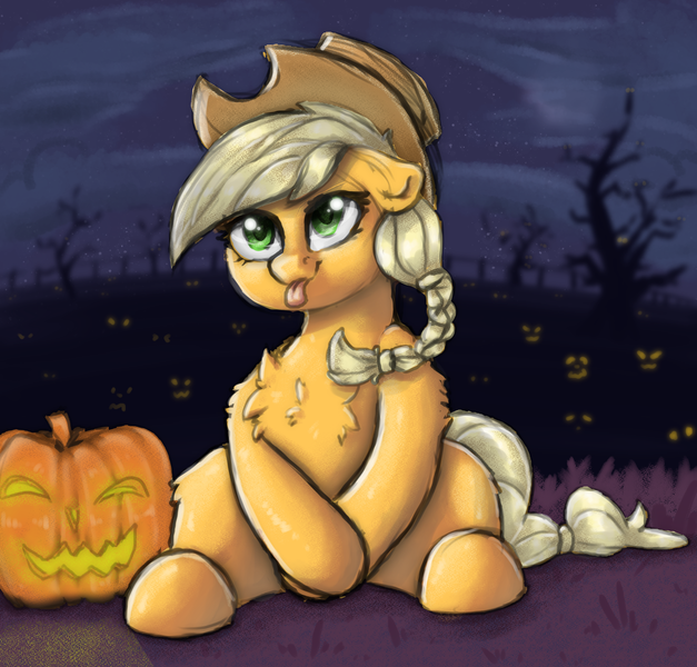 Size: 2424x2320 | Tagged: safe, artist:llametsul, derpibooru import, applejack, earth pony, pony, halloween, holiday, image, png, pumpkin, solo