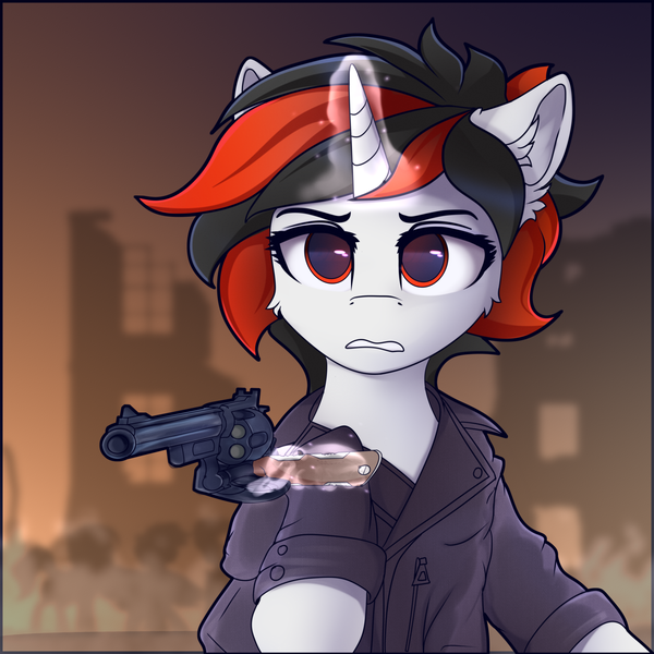 Size: 2500x2500 | Tagged: safe, artist:lakunae, derpibooru import, oc, oc:blackjack, pony, fallout equestria, fallout equestria: project horizons, crossover, dirty harry, fanfic art, female, gun, handgun, image, magic, mare, pistol, png, telekinesis, weapon