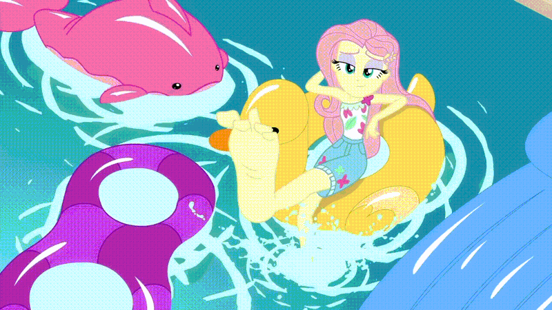 Size: 1280x720 | Tagged: safe, derpibooru import, screencap, fluttershy, equestria girls, equestria girls series, i'm on a yacht, spoiler:eqg series (season 2), animated, barefoot, feet, female, fetish, flutterfeet, foot fetish, gif, image, lidded eyes, loop, pink hair, pool toy, reversed, sexy, smiling, soles, solo, teal eyes, toes, water, wiggling toes