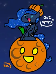 Size: 1350x1800 | Tagged: safe, artist:flutterluv, derpibooru import, princess luna, alicorn, pony, series:flutterluv's full moon, dialogue, full moon, halloween, holiday, image, jpeg, moon, pumpkin, solo, spoopy