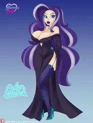 Size: 1440x1920 | Tagged: suggestive, artist:glamourpink, derpibooru import, nightmare rarity, human, bimbo, breasts, busty nightmare rarity, clothes, commission, dress, female, high heels, humanized, image, jpeg, shoes, side slit, sketch, solo, solo female