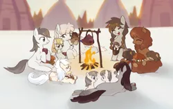 Size: 2404x1508 | Tagged: safe, artist:marbo, ponybooru import, oc, oc:bright snow, oc:comfy cozy, oc:evergreen, oc:firn gully, oc:glacial planes, oc:podzol, oc:puffins, oc:river bed, oc:shiny snow, oc:still lake, unofficial characters only, pony, taiga pony, /mlp/, campfire, cute, eyes closed, female, filly, foal, food, image, mare, mother and child, mother and daughter, parent and child, png, prone, size difference, smiling, snow, tea, teapot