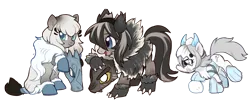 Size: 3473x1506 | Tagged: safe, artist:marbo, ponybooru import, oc, oc:arctic ink, oc:frostbite, oc:niveous, unofficial characters only, pony, taiga pony, /mlp/, blue eyes, chest fluff, clothes, costume, cute, cutie mark, female, filly, frown, happy, image, mask, png, simple background, snow, snowball, transparent background