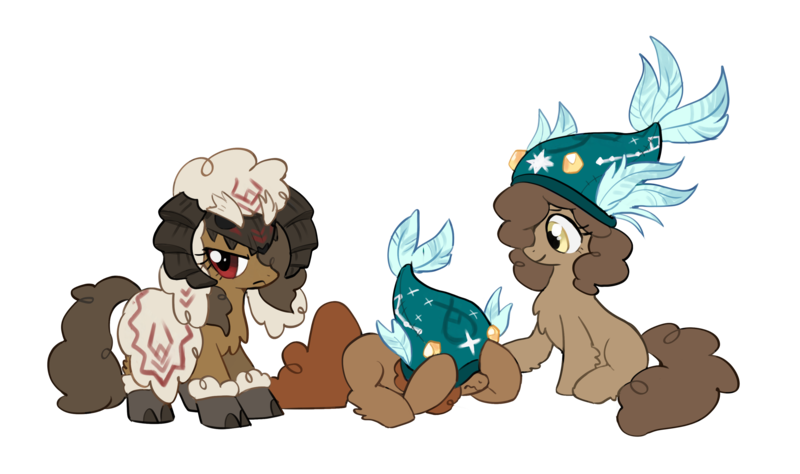 Size: 3483x2064 | Tagged: safe, artist:marbo, ponybooru import, oc, oc:evergreen, oc:podzol, unofficial characters only, pony, sheep, taiga pony, /mlp/, chest fluff, cute, female, filly, fish hat, fluffy, hoof fluff, image, looking at you, male, png, prone, ram, simple background, transparent background