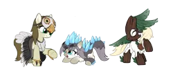 Size: 3483x1536 | Tagged: safe, artist:marbo, ponybooru import, oc, oc:meadow frost, oc:snowfall, oc:whittlehoof, unofficial characters only, pony, taiga pony, /mlp/, about to pounce, chest fluff, clothes, coat markings, costume, cute, female, filly, fluffy, hoof fluff, image, png, prone, raised hoof, raised leg, simple background, socks (coat marking), transparent background, underhoof