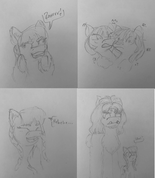 Size: 1780x2046 | Tagged: safe, artist:anonymous, ponybooru import, oc, oc:north star, oc:the abominable snowmare, unofficial characters only, earth pony, pony, taiga pony, dialogue, female, image, jpeg, mare, scared, sketch, traditional art