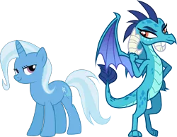 Size: 2550x1983 | Tagged: safe, artist:davidsfire, artist:uxyd, derpibooru import, edit, princess ember, trixie, dragon, pony, unicorn, blue, dragon wings, duo, female, horn, image, lidded eyes, mare, png, purple eyes, simple background, smiling, smug, spread wings, standing, tail, transparent background, two toned mane, two toned tail, vector, wings