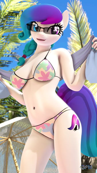 Size: 1080x1920 | Tagged: safe, artist:anthroponiessfm, derpibooru import, oc, oc:aurora starling, anthro, 3d, beach, bikini, bikini bottom, bikini top, braid, breasts, clothes, cute, female, glasses, gradient mane, happy, heterochromia, image, png, source filmmaker, sunglasses, swimsuit