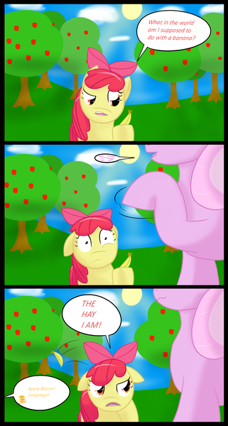 Size: 1500x2800 | Tagged: safe, artist:ricktin, derpibooru import, apple bloom, applejack, oc, earth pony, pony, banana, bananabloom, female, filly, food, image, mare, orchard, png, speech bubble