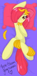 Size: 426x875 | Tagged: safe, artist:sweetbunny, derpibooru import, apple bloom, earth pony, pony, banana, bananabloom, bed, female, filly, food, image, looking at you, pillow, png