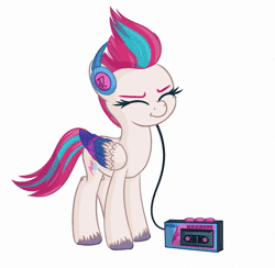 Size: 873x853 | Tagged: safe, artist:vito, ponybooru import, zipp storm, pegasus, pony, my little pony: a new generation, :t, animated, bouncing, cassette player, dancing, eyes closed, female, g5, headbang, headphones, image, mare, music, no sound, simple background, smiling, solo, unshorn fetlocks, walkman, webm, white background