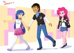 Size: 6884x4865 | Tagged: safe, artist:jeglegator, derpibooru import, flash sentry, pinkie pie, oc, oc:copper plume, oc:felicity sentry, equestria girls, blushing, clothes, clothes swap, crossdressing, female, femboy, girly sentry, glasses, group, hairband, holding hands, image, implied bisexuality, male, miniskirt, neckerchief, pantyhose, pinkie pie's superior outfit, png, purse, shipping, shopping, skirt