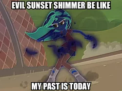 Size: 835x628 | Tagged: safe, derpibooru import, edit, edited screencap, screencap, sunset shimmer, equestria girls, my past is not today, caption, evil character be like, image, image macro, inverted colors, jpeg, meme, text