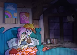 Size: 3500x2500 | Tagged: safe, artist:lionbun1, derpibooru import, fluttershy, oc, oc:lucky charm, human, equestria girls, bed, bedroom, canon x oc, commission, couple, cuddling, cuddling in bed, evening, humanized, image, png