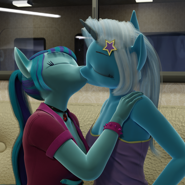 Size: 1280x1280 | Tagged: questionable, artist:stellarator, derpibooru import, sonata dusk, trixie, anthro, unguligrade anthro, comic:we will be adored, comic:we will be adored part 23, 3d, blender, cycles, female, image, kissing, lesbian, not sfm, png, shipping, sonatrix, trixiedusk