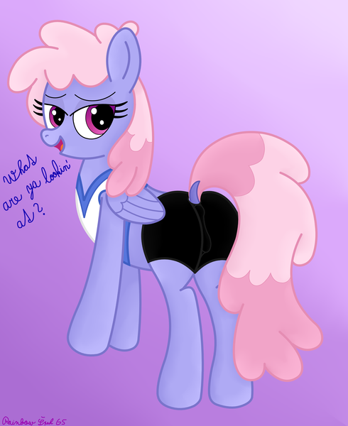 Size: 3016x3696 | Tagged: questionable, artist:rainbowšpekgs, derpibooru import, rainbowshine, pegasus, pony, bedroom eyes, butt, cameltoe, clothes, dialogue, dock, female, gradient background, image, looking at you, looking back, looking back at you, mare, open mouth, png, raised tail, short shirt, shorts, show accurate, solo, sports outfit, sports shorts, standing, tail, talking, wings