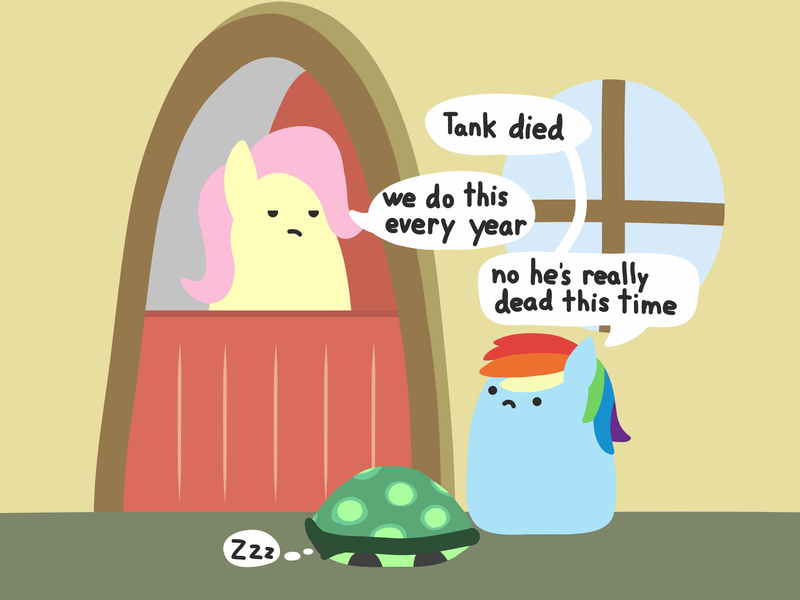 Size: 2048x1536 | Tagged: safe, artist:2merr, ponerpics import, fluttershy, rainbow dash, tank, tortoise, tanks for the memories, blob ponies, :c, dialogue, dot eyes, drawn on phone, drawthread, female, fluttershy is not amused, fluttershy's cottage, frown, hibernation, image, male, onomatopoeia, png, sad, size difference, sleeping, sound effects, speech bubble, unamused, zzz