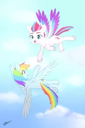 Size: 930x1400 | Tagged: safe, artist:sion, derpibooru import, rainbow dash, zipp storm, pegasus, pony, cloud, duo, female, flying, g4 to g5, g5, image, mare, open mouth, png, sky