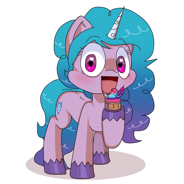 Size: 3999x4000 | Tagged: safe, anonymous artist, derpibooru import, izzy moonbow, pony, unicorn, fanfic:cupcakes, cupcake, female, food, g5, image, implied murder, implied zipp storm, jpeg, looking at you, mare, open mouth, simple background, smiling, solo, white background