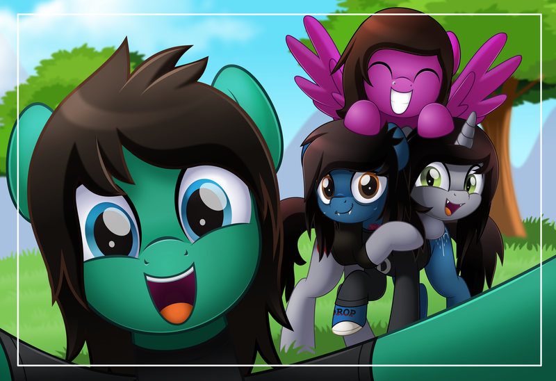 Size: 5000x3425 | Tagged: safe, artist:jhayarr23, derpibooru import, oc, ponified, ponified:kellin quinn, ponified:oliver sykes, earth pony, pegasus, pony, unicorn, bone, bring me the horizon, clothes, commission, disguise, disguised siren, eyes closed, fangs, grin, group, happy, horn, hug, image, lip piercing, looking at you, male, nose piercing, open mouth, outdoors, photo, pierce the veil, piercing, png, raised hoof, scar, selfie, shirt, sleeping with sirens, slit pupils, smiling, spread wings, stallion, stitches, t-shirt, tattoo, tom sykes, tree, vic fuentes, wings