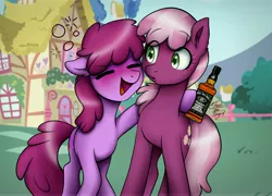 Size: 8586x6187 | Tagged: safe, artist:toastpone, derpibooru import, berry punch, berryshine, cheerilee, earth pony, alcohol, blushing, bottle, drunk, eyebrows, image, jack daniels, jpeg, surprised, wasted