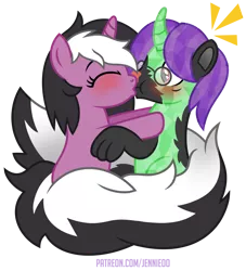 Size: 906x1000 | Tagged: safe, artist:jennieoo, derpibooru import, oc, crystal pony, pony, skunk, unicorn, fluffy, fluffy tail, glasses, image, kissing, paws, png, simple background, skunk transformation, surprise kiss, surprised, tail, tail wrap, transformation, transparent background, vector