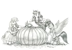 Size: 1500x1038 | Tagged: safe, artist:baron engel, derpibooru import, apple bloom, scootaloo, sweetie belle, anthro, earth pony, pegasus, unguligrade anthro, unicorn, clothes, cutie mark crusaders, grayscale, image, jpeg, monochrome, overalls, pencil drawing, pumpkin, shorts, skirt, traditional art