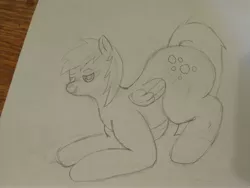 Size: 4608x3456 | Tagged: suggestive, alternate version, artist:acid flask, derpibooru import, derpy hooves, pegasus, pony, ass up, bedroom eyes, bent over, butt, derpibooru exclusive, image, jpeg, large butt, looking at you, no color, plot, sketch, smiling, smiling at you, squatting, tail, tail between legs, wings