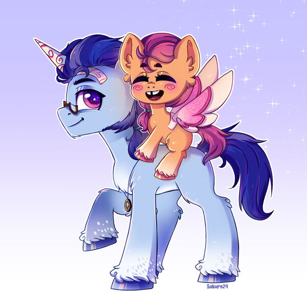 Size: 1280x1280 | Tagged: safe, artist:sakuro24, derpibooru import, sunny starscout, earth pony, pony, argyle starshine, blank flank, blushing, cardboard wings, chest fluff, chin fluff, cute, duo, ear fluff, eyes closed, fake horn, fake wings, father and child, father and daughter, female, filly, filly sunny starscout, g5, image, jpeg, leg fluff, male, open mouth, ponies riding ponies, profile, riding, stallion, tooth gap, younger