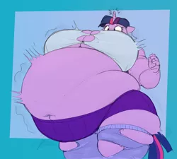Size: 1400x1262 | Tagged: suggestive, artist:sirmasterdufel, artist:xwhyohwhyx, color edit, derpibooru import, edit, part of a set, twilight sparkle, anthro, unicorn, bbw, belly, belly button, belly expansion, big belly, big breasts, bingo wings, blushing, breast expansion, breasts, busty twilight sparkle, chubby cheeks, clothes, colored, expansion, fat, growth, huge belly, huge breasts, image, magic, magic overload, morbidly obese, obese, png, socks, solo, stockings, thigh expansion, thigh highs, thighlight sparkle, thighs, thunder thighs, torn clothes, twilard sparkle, wardrobe malfunction, weight gain, weight gain sequence