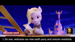 Size: 800x450 | Tagged: safe, derpibooru import, edit, edited screencap, screencap, dazzle feather, pegasus, pony, my little pony: a new generation, breaking news, caption, g5, i for one welcome our new overlords, image, image macro, jpeg, meme, news, text, zephyr heights