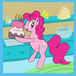 Size: 1200x1200 | Tagged: safe, artist:duckchip, derpibooru import, pinkie pie, surprise, earth pony, pony, bipedal, cake, candle, female, female focus, flour, food, image, kitchen, open mouth, png, simple background, solo, solo focus, sprinkles, surprised