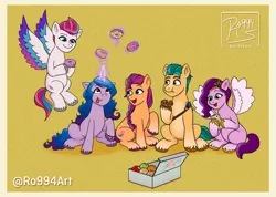 Size: 1920x1365 | Tagged: safe, artist:ro994, derpibooru import, hitch trailblazer, izzy moonbow, pipp petals, sunny starscout, zipp storm, my little pony: a new generation, spoiler:my little pony: a new generation, donut, food, g5, image, jpeg, mane five (g5), phone