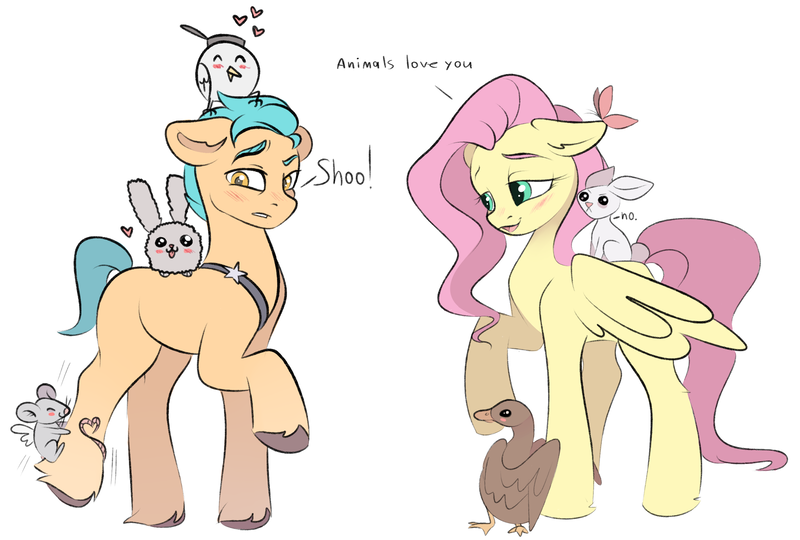 Size: 2712x1831 | Tagged: safe, artist:vetta, derpibooru import, fluttershy, hitch trailblazer, bird, butterfly, duck, earth pony, insect, mouse, pegasus, pony, rabbit, my little pony: a new generation, spoiler:g5, spoiler:my little pony: a new generation, animal, blushing, cute, dialogue, duo, female, floppy ears, g4 to g5, g5, heart, high res, image, looking at someone, male, mare, open mouth, png, raised hoof, simple background, sitting on head, stallion, standing, unshorn fetlocks, white background, wings