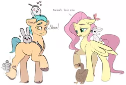 Size: 2712x1831 | Tagged: safe, artist:vetta, derpibooru import, fluttershy, hitch trailblazer, bird, butterfly, duck, earth pony, insect, mouse, pegasus, pony, rabbit, my little pony: a new generation, spoiler:g5, spoiler:my little pony: a new generation, animal, blushing, cute, dialogue, duo, female, floppy ears, g4 to g5, g5, heart, high res, image, looking at someone, male, mare, open mouth, png, raised hoof, simple background, sitting on head, stallion, standing, unshorn fetlocks, white background, wings