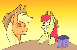 Size: 2782x1800 | Tagged: safe, artist:paleheart-arts, derpibooru import, apple bloom, applejack, earth pony, pony, female, filly, hat, hearth's warming eve, image, jpeg, mare, present, siblings