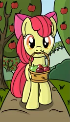 Size: 511x895 | Tagged: safe, artist:sirvalter, derpibooru import, apple bloom, earth pony, pony, apple, apple tree, basket, female, filly, food, image, orchard, png, tree